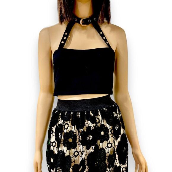 Black Cut Out Silver Buckle Collar Halter Crop Top NEW - Picture 1 of 4